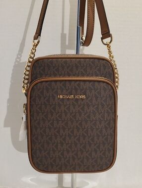 Michael Kors Brown Logo-Print Messenger Bag with Gold Hardware